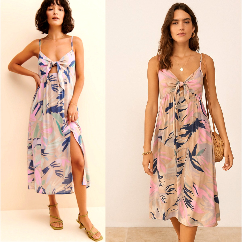 Anthropologie XS Saltwater Luxe Tropical Midi Dress Rayon Tie Front Pink Beige